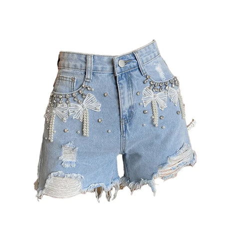 Pearl Bow Embellished Denim Shorts