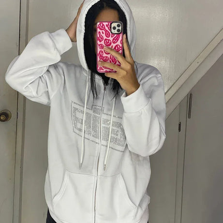 Rhinestone Logo Zip-Up Hoodie