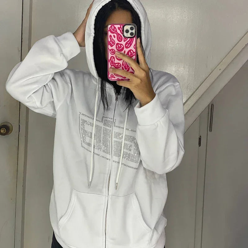 Rhinestone Logo Zip-Up Hoodie