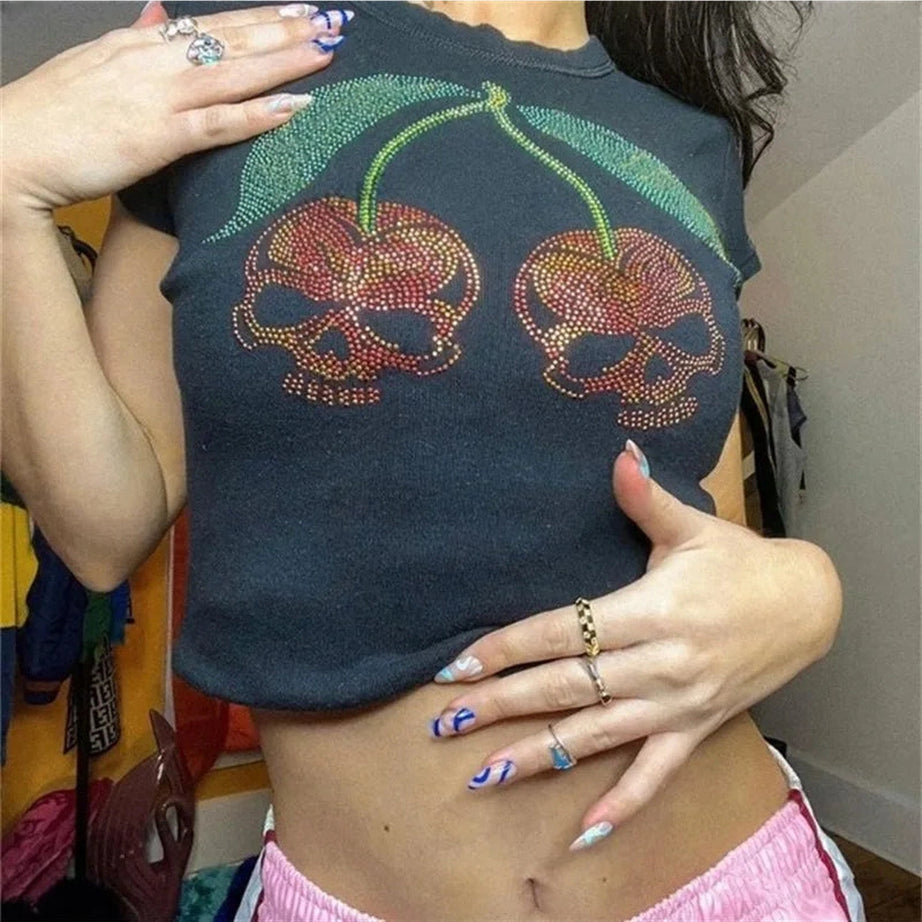 Cherry Skull Rhinestone Crop Top