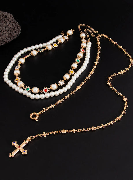 Royal Pearl Cross Layered Necklace