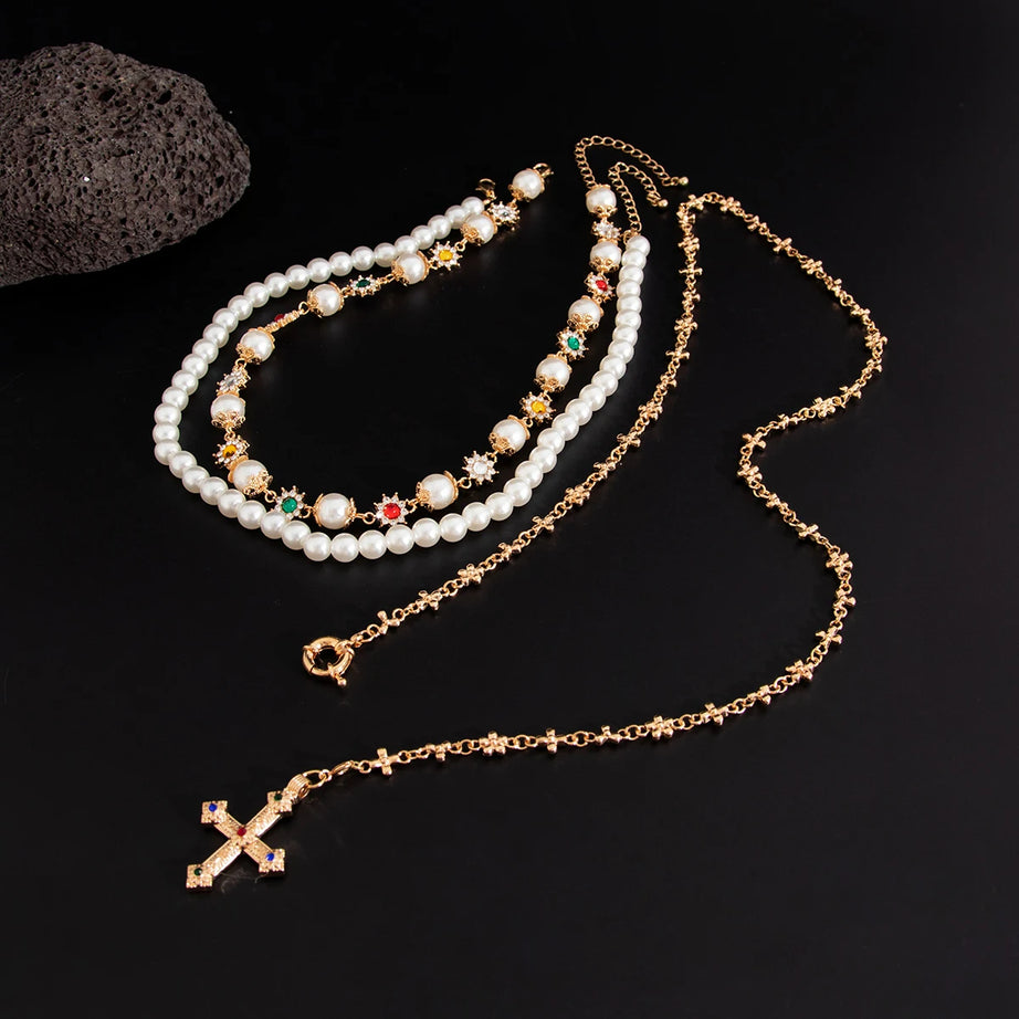 Royal Pearl Cross Layered Necklace