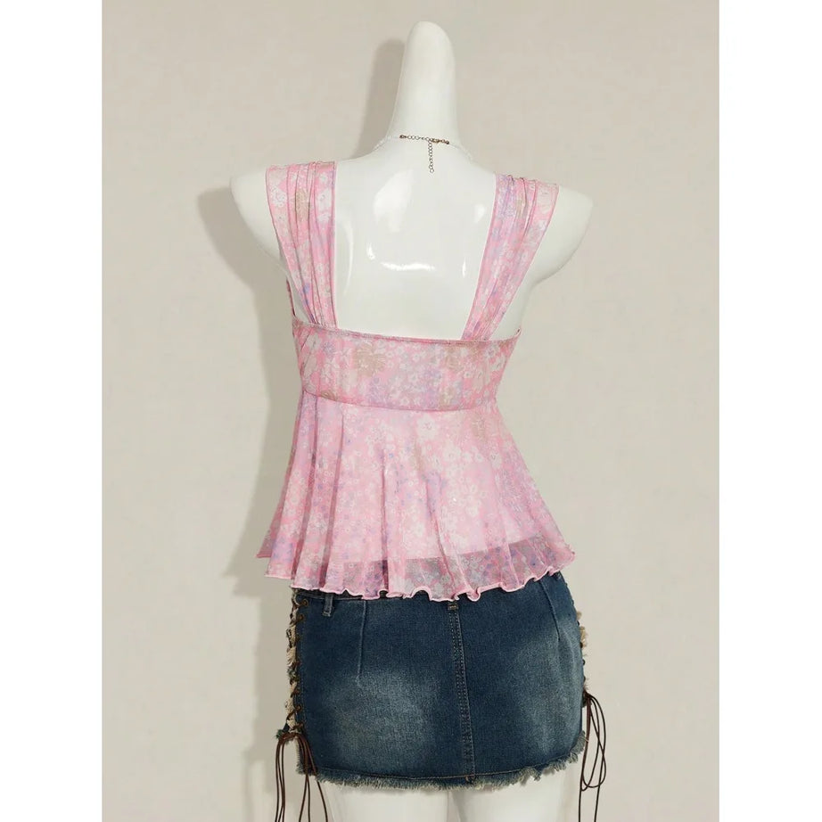 Y2K Floral Mesh Ruched Tie-Front Top