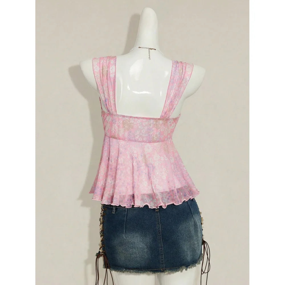 Y2K Floral Mesh Ruched Tie-Front Top