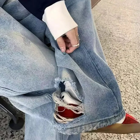 Distressed Light-Wash Wide-Leg Jeans