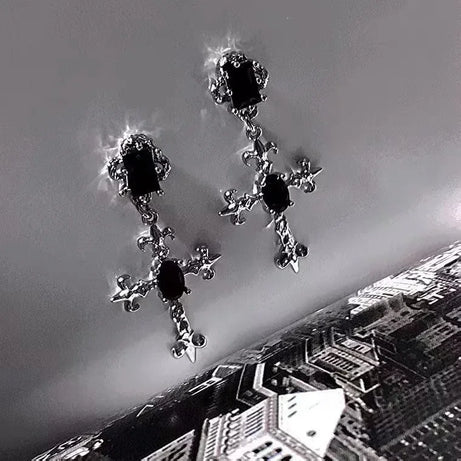 Gothic Cross Gemstone Earrings