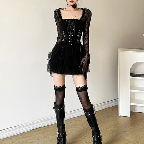 Gothic Lace Tiered Mini Dress