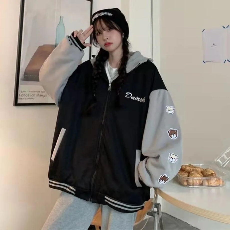 Bear Patch Oversized Hoodie Jacket