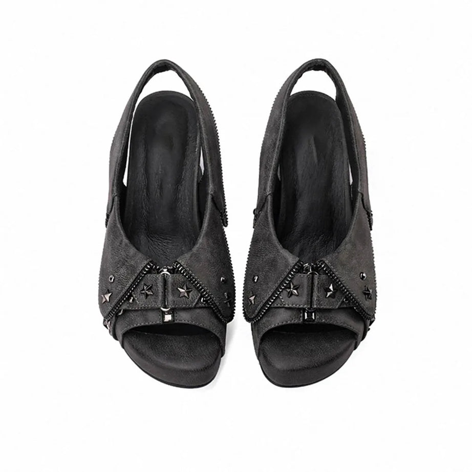 Y2K Distressed Denim Star Rivet Slingback Chunky Heel Sandal