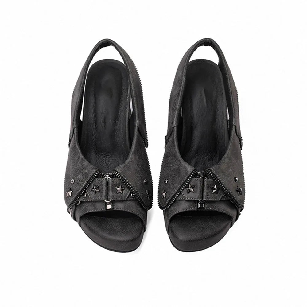 Y2K Distressed Denim Star Rivet Slingback Chunky Heel Sandal