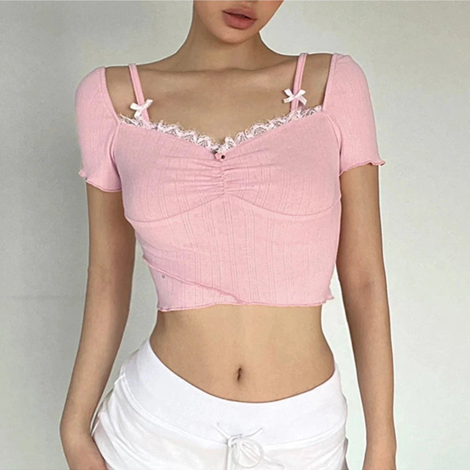 Pink Lace Bow Trim Crop Top