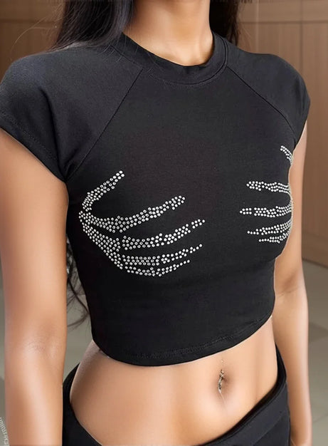 Crystal Skeleton Hand Crop Top