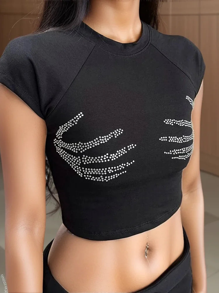 Crystal Skeleton Hand Crop Top