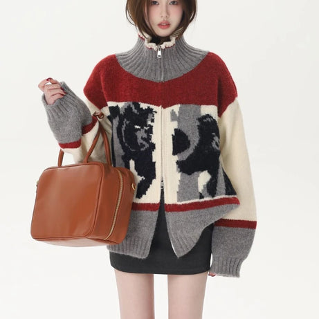 Abstract Knit Zip-Up Cardigan