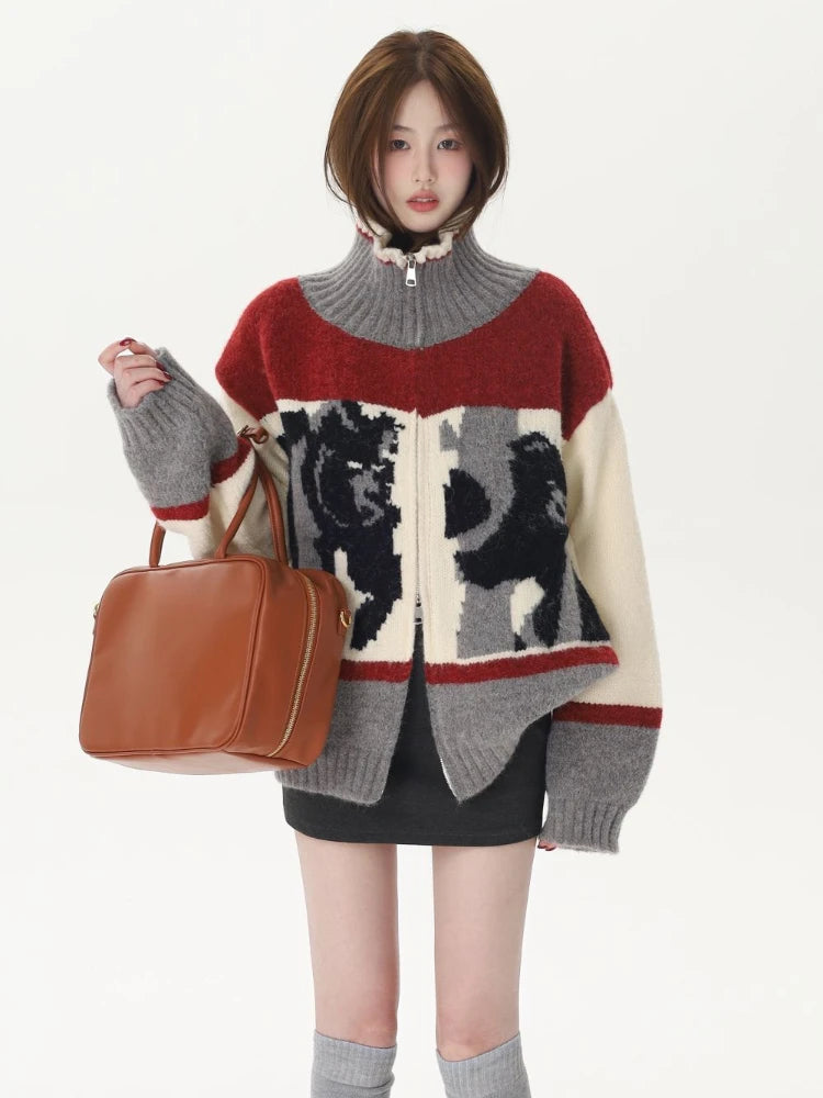 Abstract Knit Zip-Up Cardigan