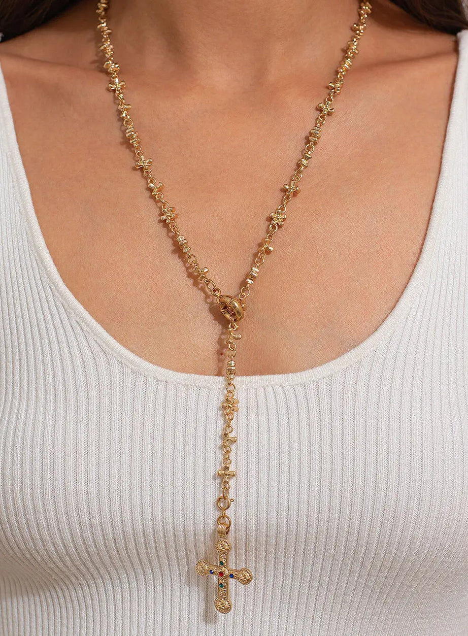 Golden Rosary Cross Necklace