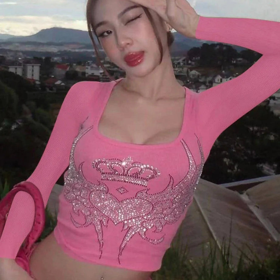 Y2k Hugcitar Sequined Graphic Long Sleeve Pink Kawaii Sexy Slim Crop T-Shirt Top 2023 Fall Women Clothes Festival Rave Party
