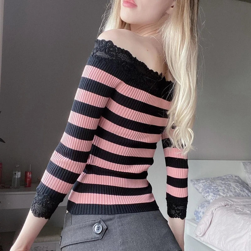 Midnight Stripes Lace Trim Top