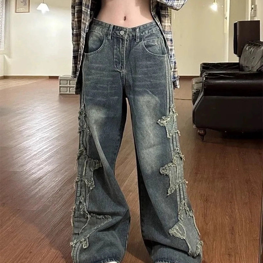 Y2k Shredded Grunge Wide-Leg Jeans