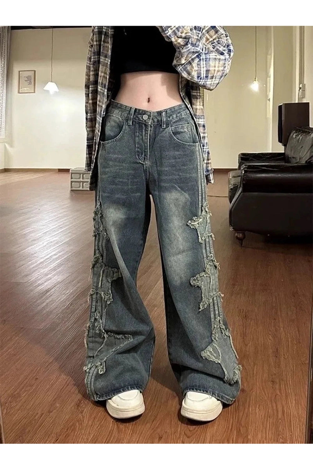 Y2k Shredded Grunge Wide-Leg Jeans