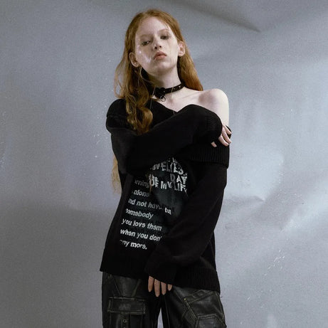 Lonely Verse" Off-Shoulder Sweater