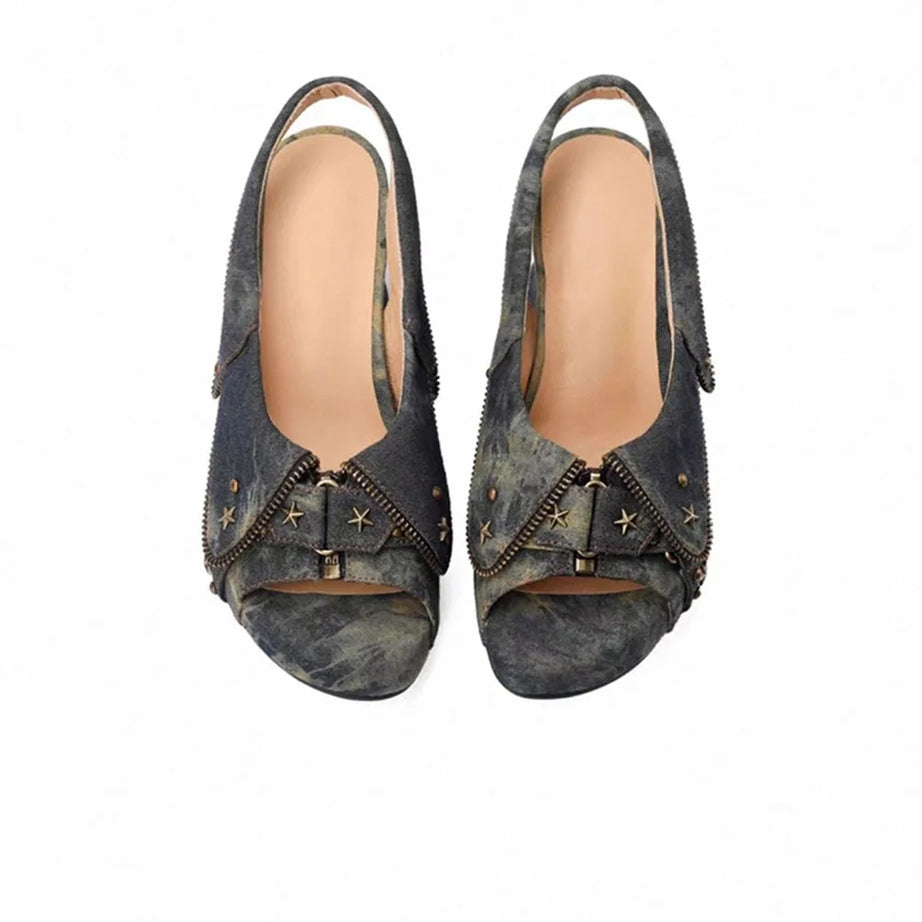 Y2K Distressed Denim Star Rivet Slingback Chunky Heel Sandal