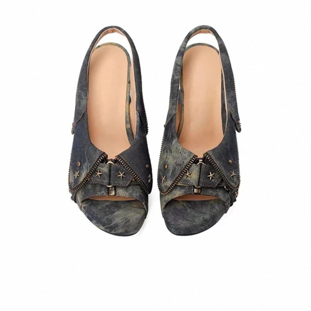 Y2K Distressed Denim Star Rivet Slingback Chunky Heel Sandal