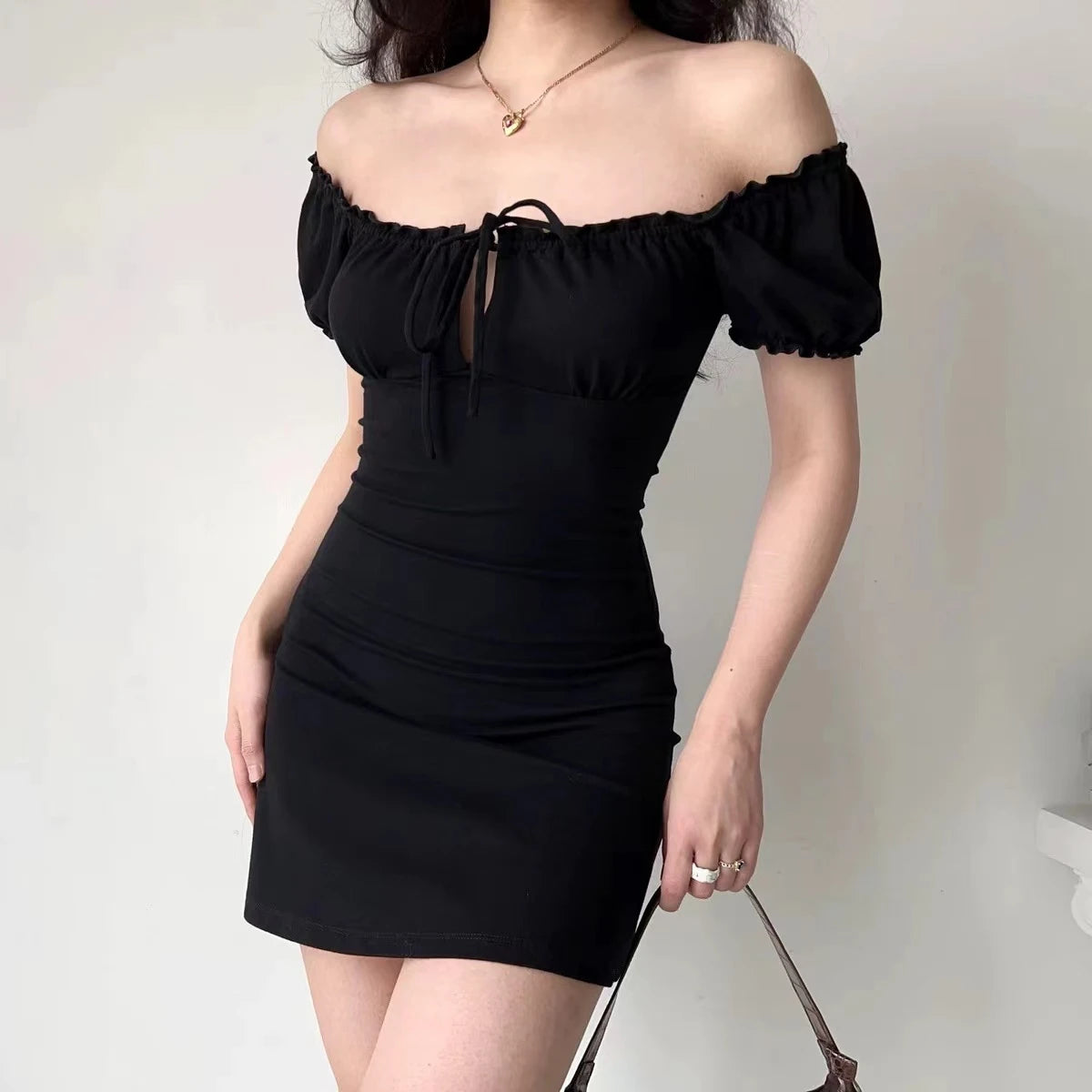Goth Y2k Ruched Ribbon Tie Mini Dress in Midnight Black