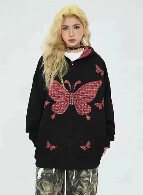 Grunge-Kapuzenpullover mit flatterndem Saum und Reißverschluss