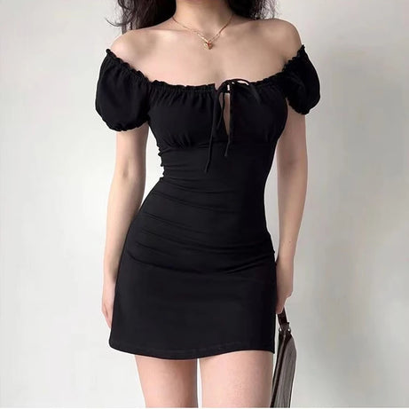 Goth Y2k Ruched Ribbon Tie Mini Dress in Midnight Black