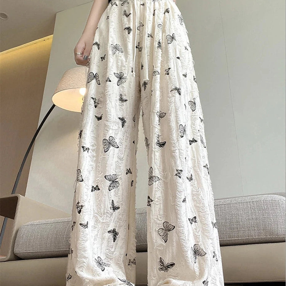 Butterfly Embroidered Wide-Leg Pants