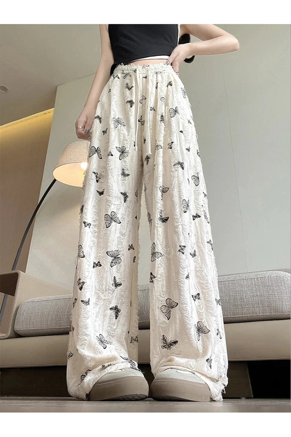 Butterfly Embroidered Wide-Leg Pants