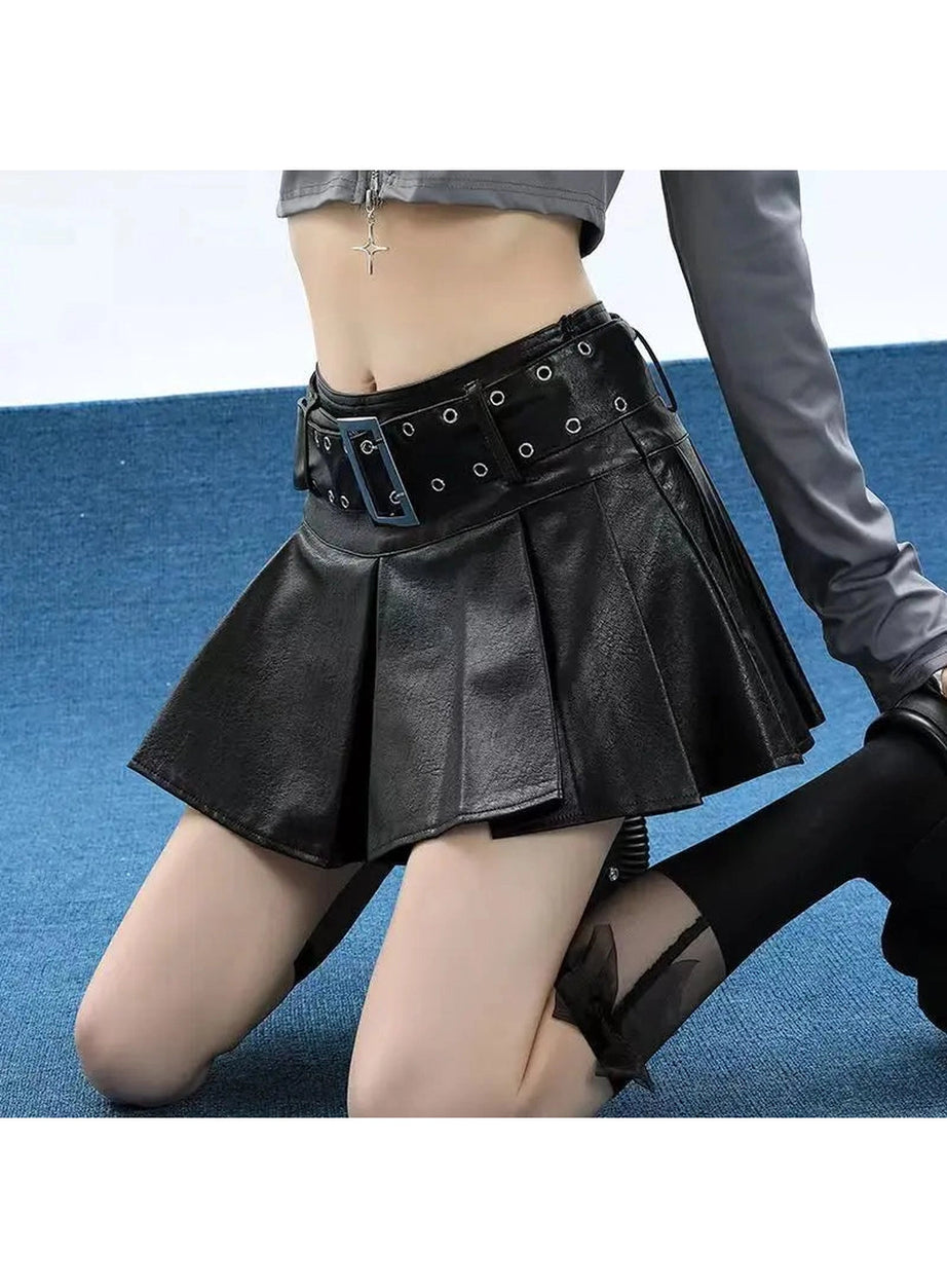 Grommet Belted Leather Mini Skirt