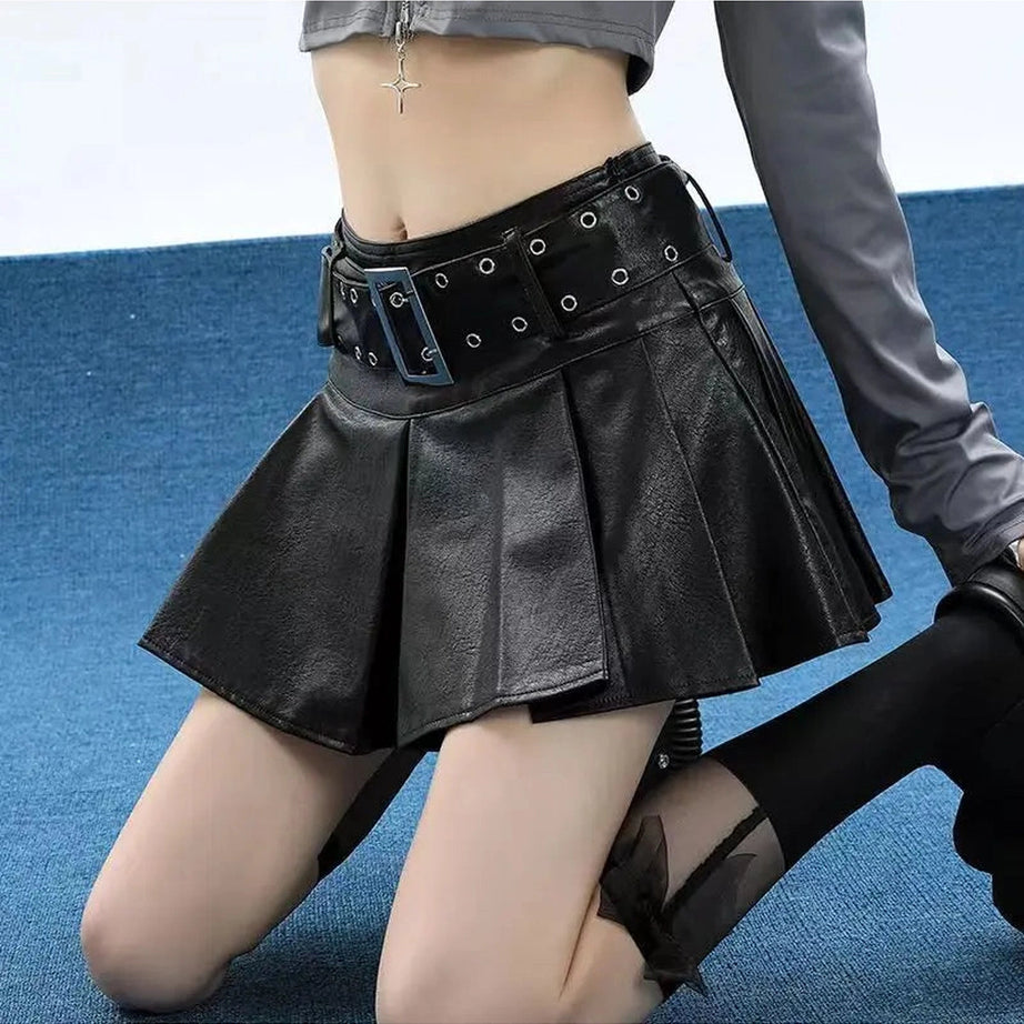 Grommet Belted Leather Mini Skirt