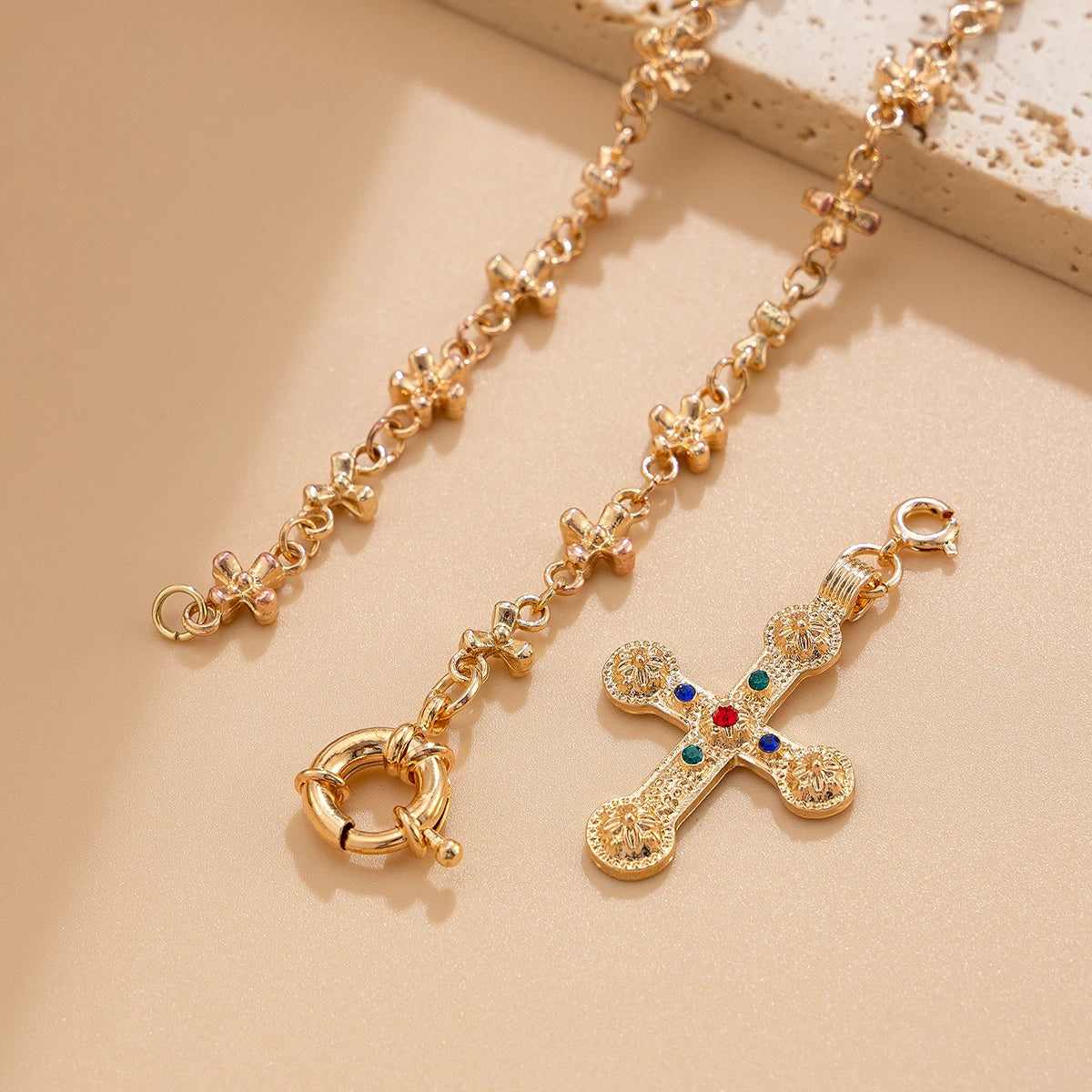 Golden Rosary Cross Necklace