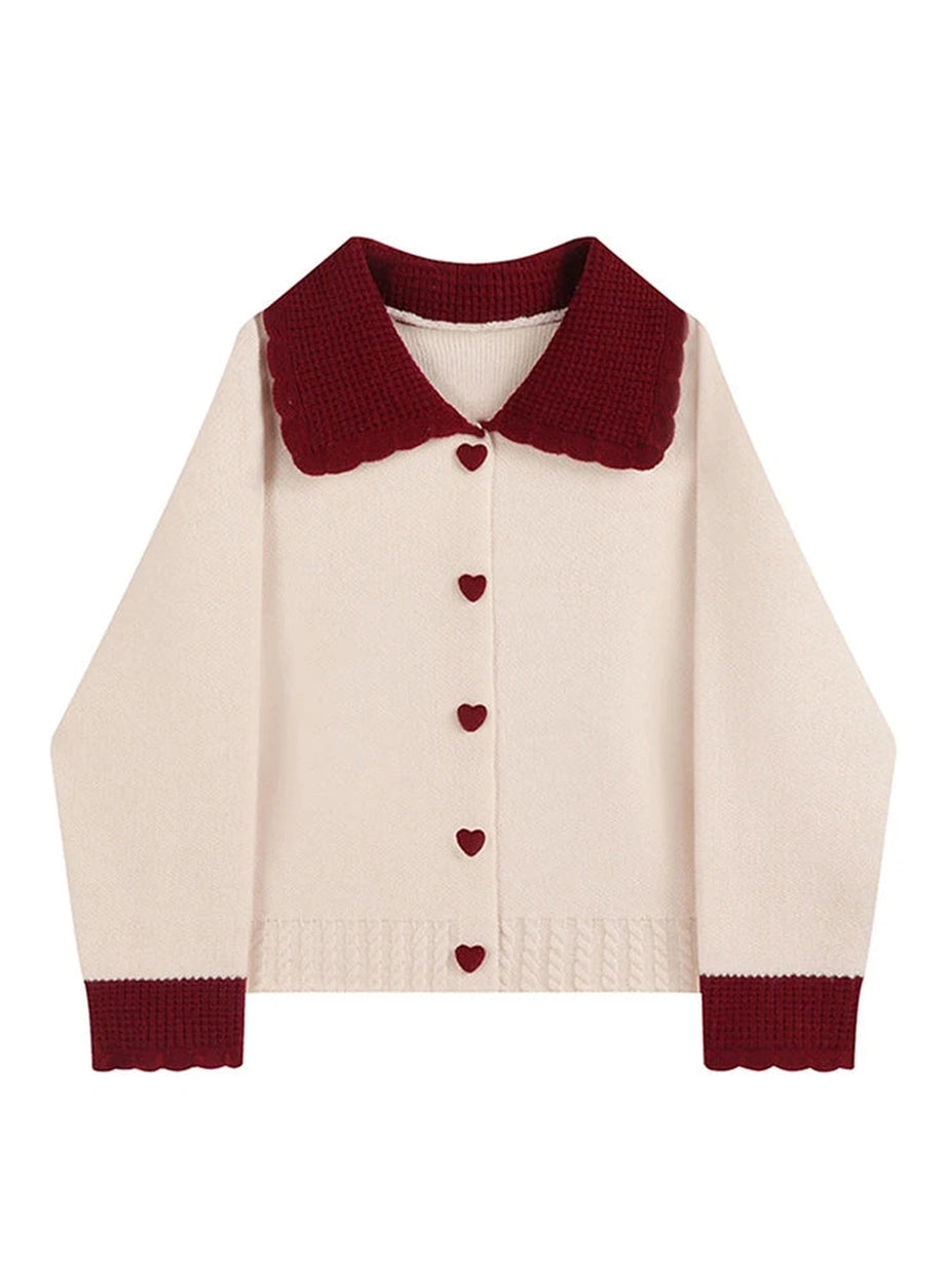 Heart Button Contrast Collar Cardigan