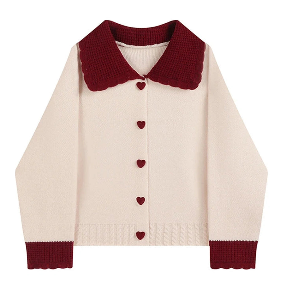 Heart Button Contrast Collar Cardigan