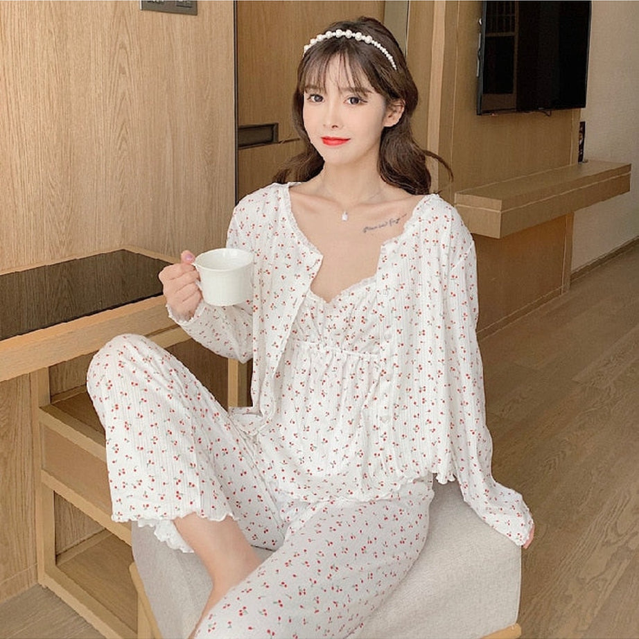 Y2k 3Pcs Ladies Cotton Pajama
