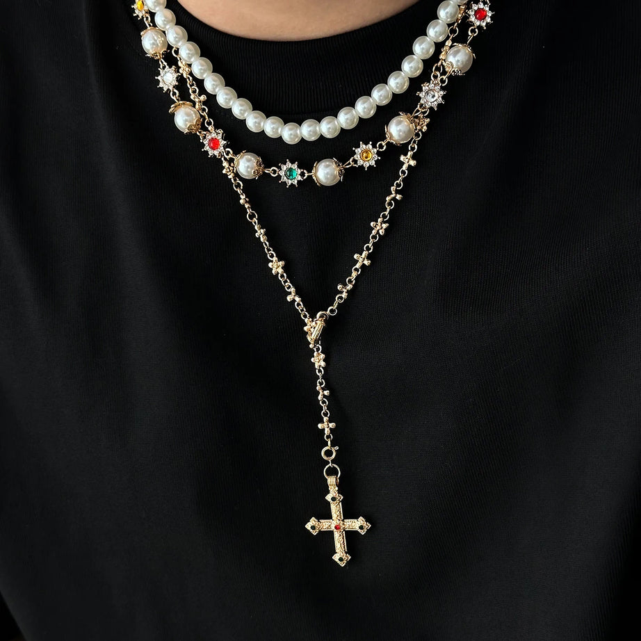 Royal Pearl Cross Layered Necklace