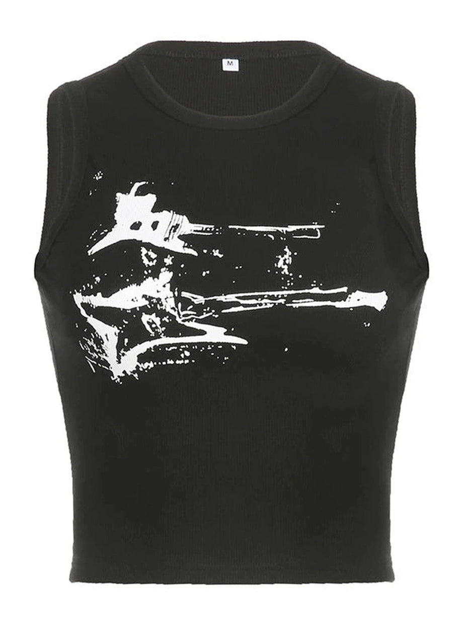 Distressed Graphic Ribbed Top