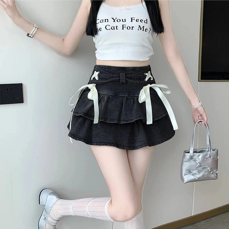 Gothic Ruffle Ribbon Mini Skirt