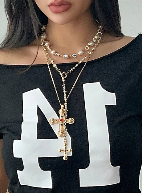 Golden Saint Cross Layered Necklace