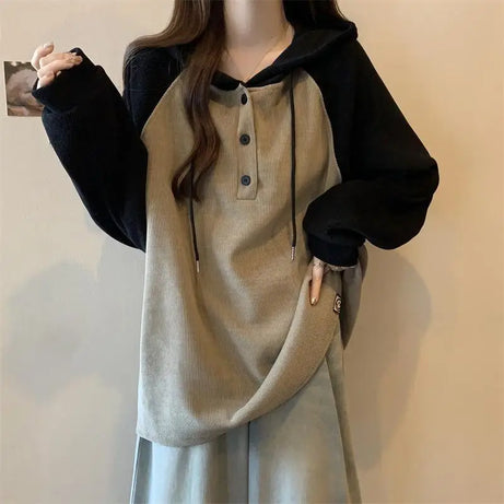Two-Tone Button-Up Hooded Sweatshirt
