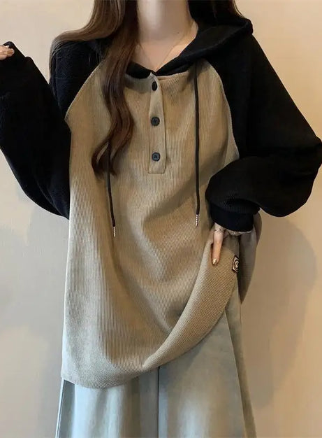 Two-Tone Button-Up Hooded Sweatshirt