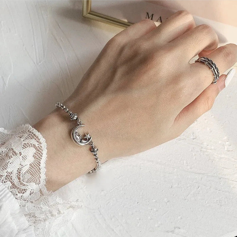 Celestial Moon & Star Silver Bracelet