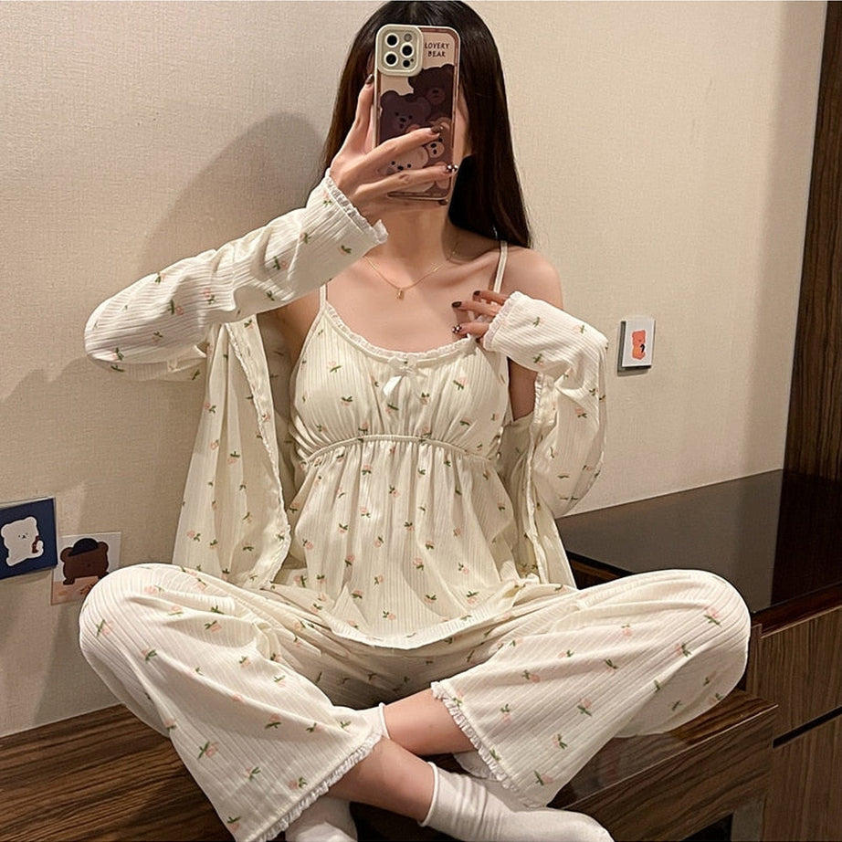Y2k 3Pcs Ladies Cotton Pajama