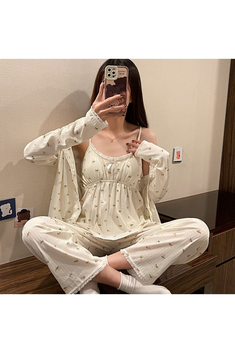 Y2k 3Pcs Ladies Cotton Pajama