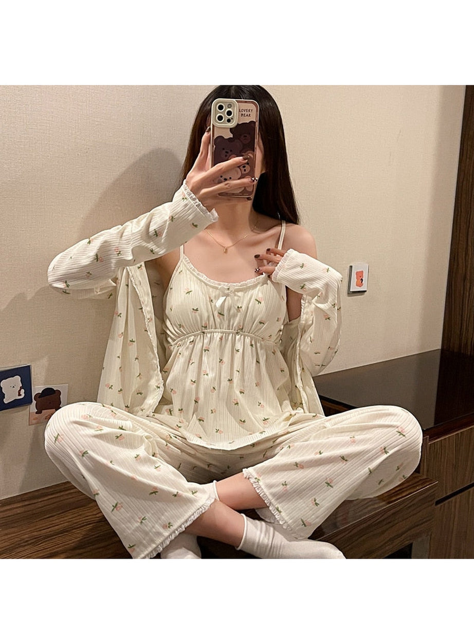 Y2k 3Pcs Ladies Cotton Pajama