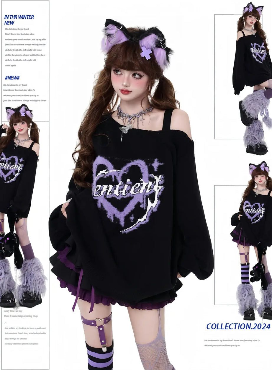 Oversized Edgy Heart Graphic Sweater