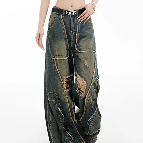 Grunge Zipper Wide-Leg Jeans